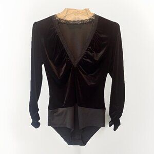 Zara Womens Black Velvet V Neck Bodysuit Lace Trim Sz M Whimsigoth Fairy Grunge